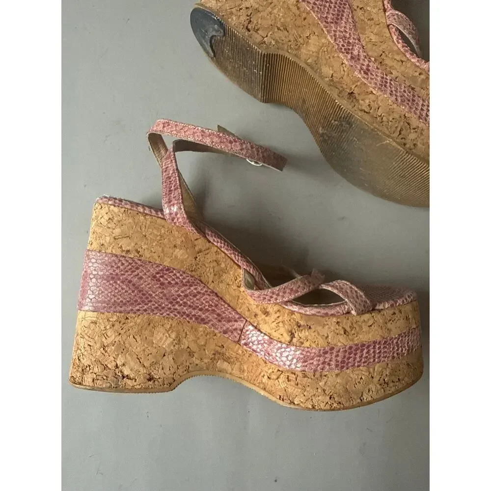 90s Mega Platform Sandal Pink Faux Snakeskin Leather Sz 8 Cork Wedge Square Toe